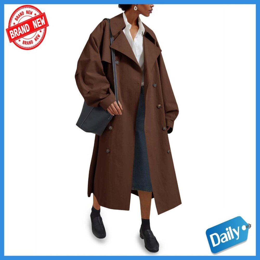 Oversized Long Trench Coat Double Breasted Belted Lapel Overcoat